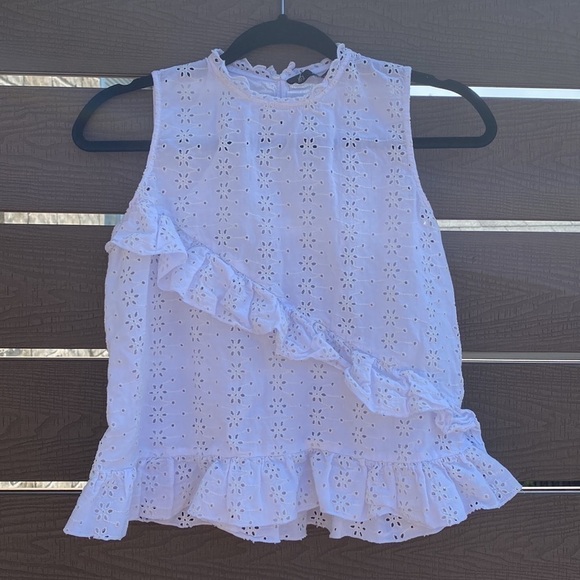 Zara opened eyelet ruffled blouse sleeveless white Size S - Picture 3 of 13